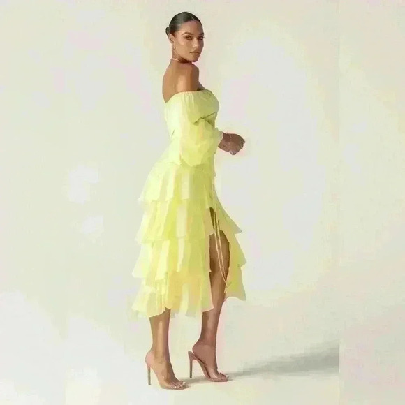 Alieva Dorra Chiffon Midi Dress Size Small Yellow Ruffle Sexy Girly Wavy - Picture 1 of 14